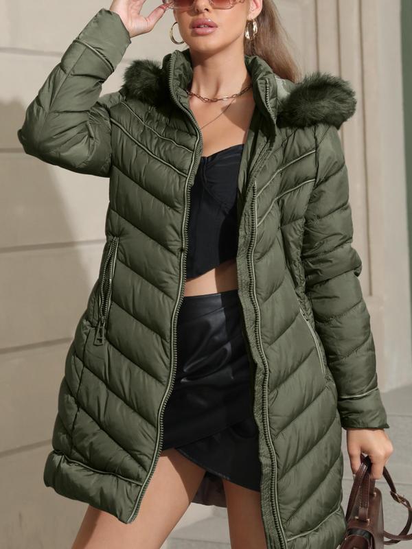 Women's Contrast Faux Fur Hooded Longline Winter Coat Jackets, Casual Long Sleeve Pocket Zip Up Outerwear for Fall & Winter, Ladies Clothes for Daily Wear